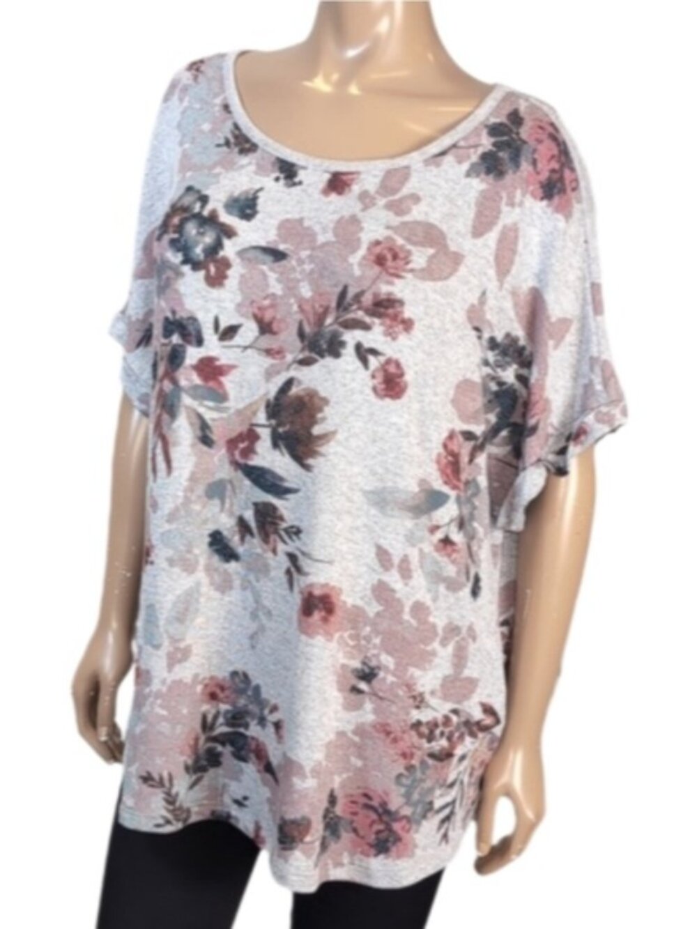 💠Reitmans Floral Tunic Top Womens Plus Size 2X Grey Pink Short Sleeve Knit